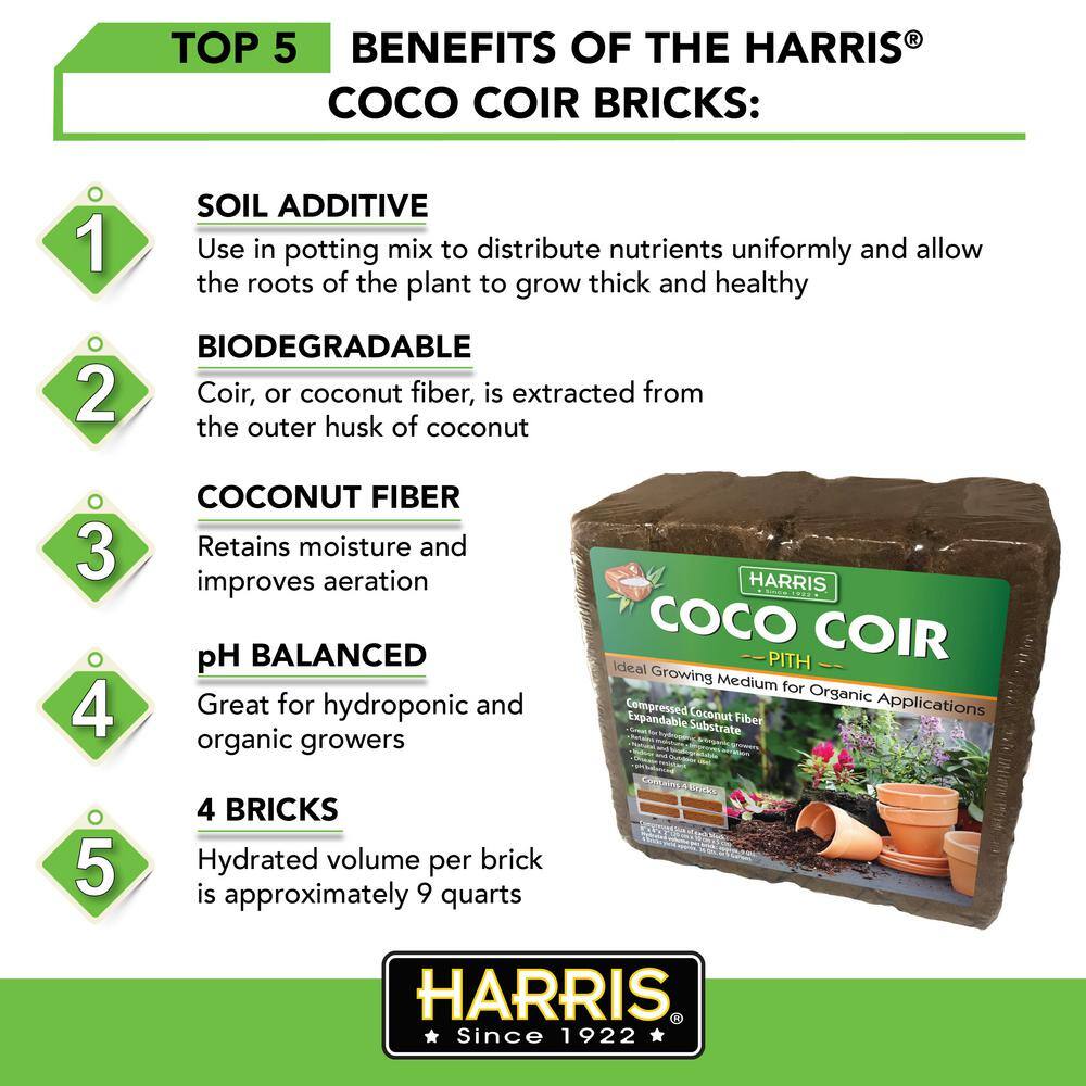 Harris 9 Gal. Expanding Coco Coir Pith (4 Brick pack)  4 Qt. All-Purpose Potting Soil Mix with Worm Castings COCO4-SOIL4