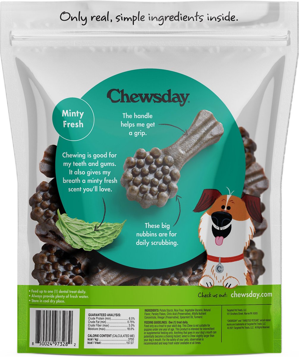 Chewsday Minty Fresh Daily Dental Dog Dental Treats， 28 count， Large