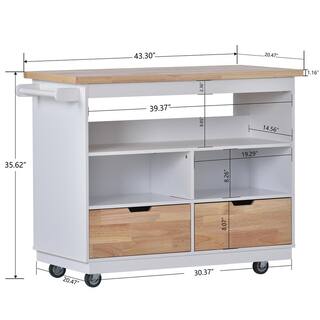 Polibi Large Storage Capacity White Kitchen Cart Rolling Mobile Kitchen Island Solid Wood Top with 2 Drawers Tableware Cabinet MB-LSCBK-W