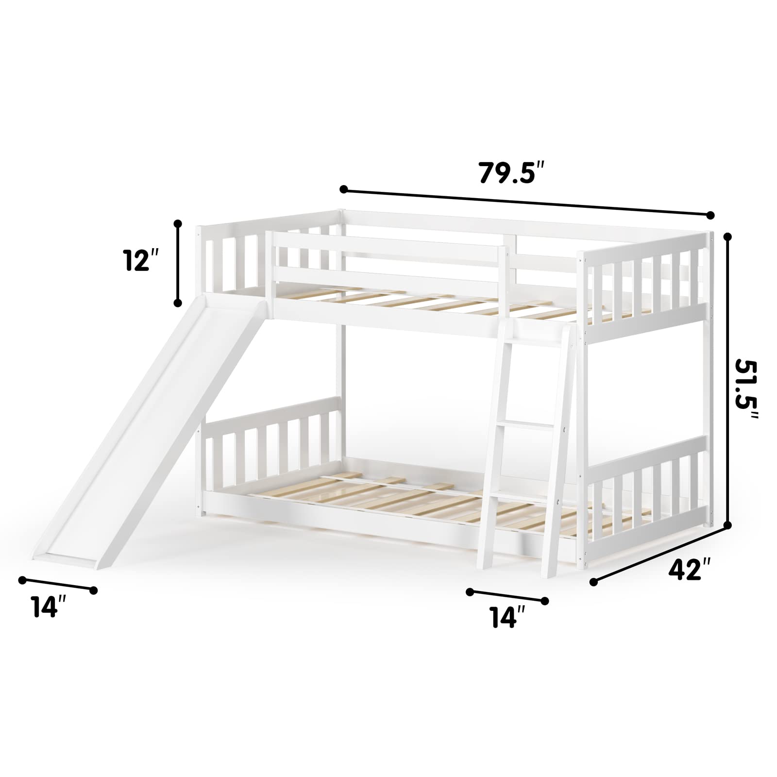 Costzon Twin Over Twin Bunk Bed, Wooden Low Bunk Bed with Slide & Ladder