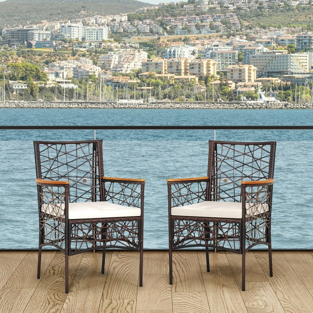 Tangkula Patio Pe Rattan Dining Chairs Set Of 2 4 Patio Pe Wicker Armchairs With Removable Cushions And Acacia Wood Armrests