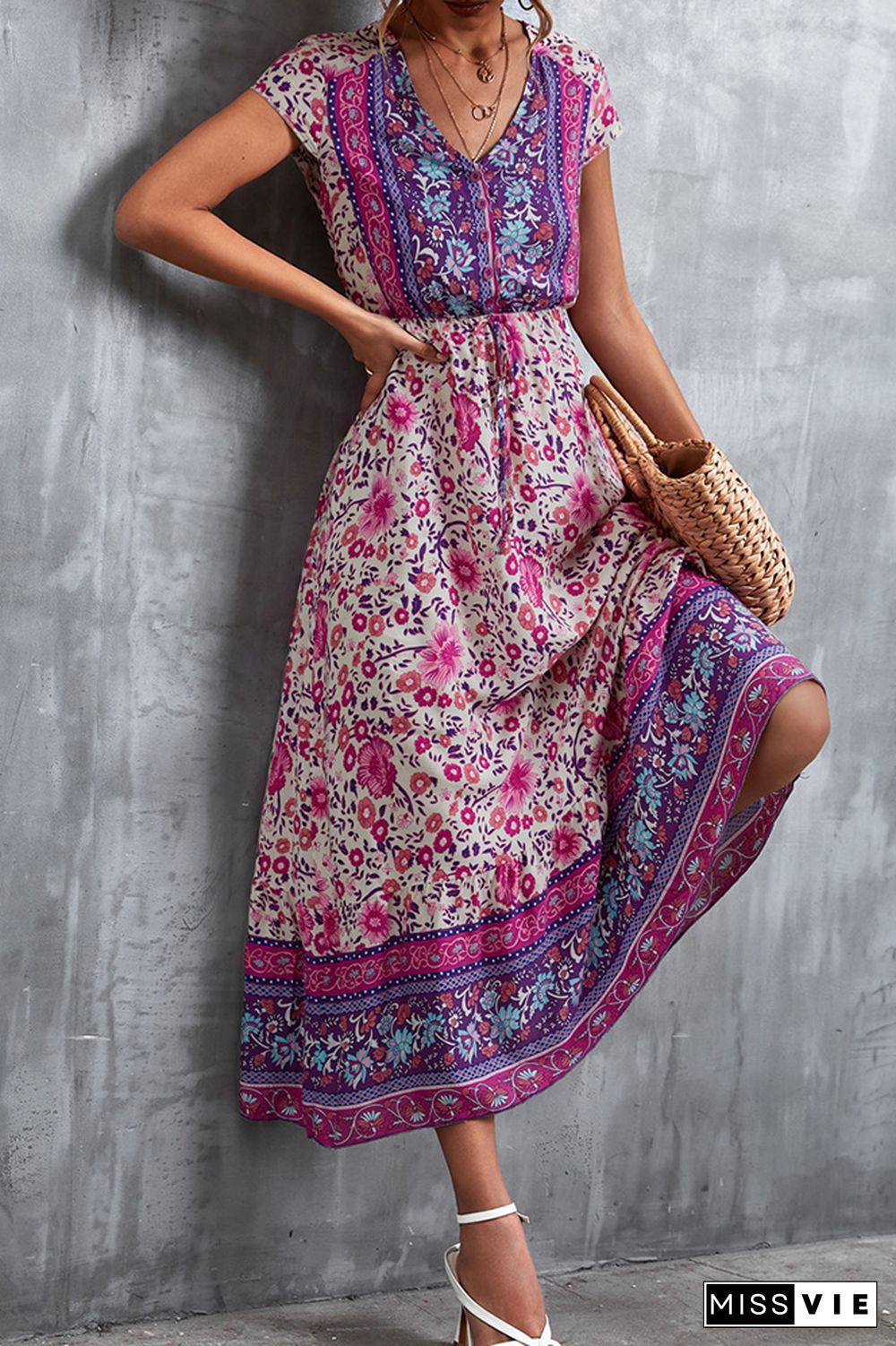 Floral Print Short Sleeve Long Dress Wholesale