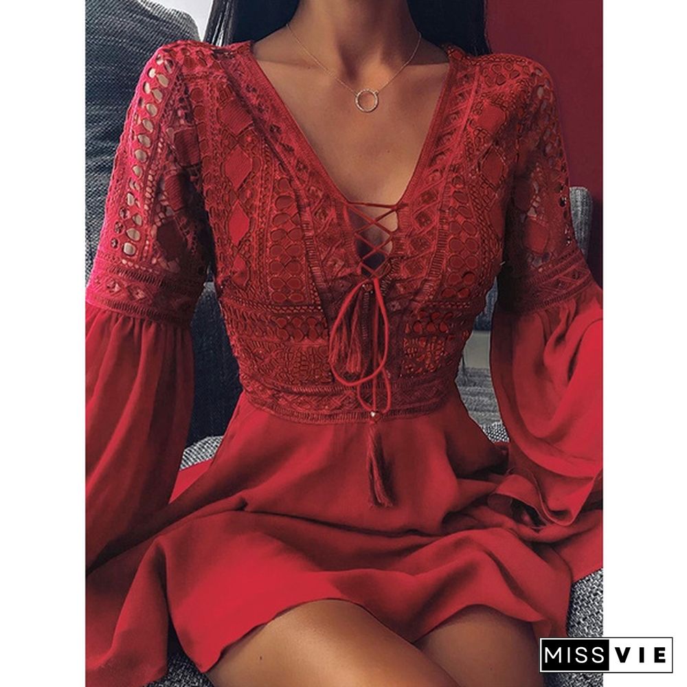 Womens Fashion Mini Dress Lace Stitching Lantern Long Sleeve V Neck Lace Up Evening Party Casual Pleated Short Dress Plus Size