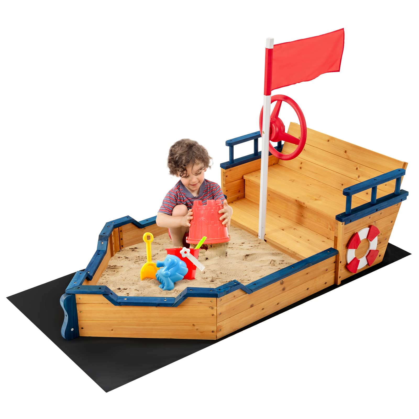 Costzon Pirate Boat Wood Sandbox for Kids, Wooden Pirate Sandpit w/Bench Seat