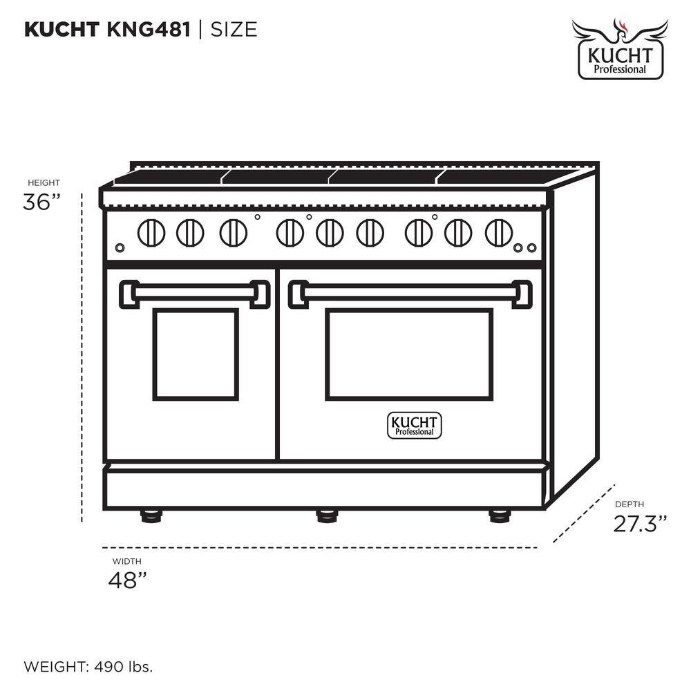 Kucht Pro-Style 48 in. 6.7 cu. ft. Double Oven Natural Gas Range with 8 Burners in Stainless Steel and Silver Oven Doors KNG481-S