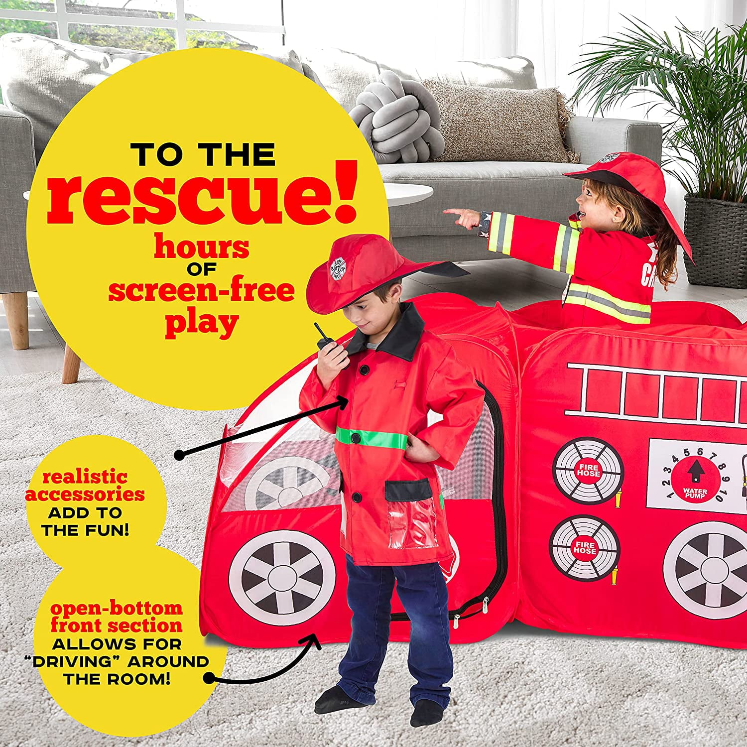 Fire Truck Pop Up Play Tent | Siren Sound Button | Firefighter Costume, Jacket and Hat– Red Fire Engine Playhouse for Kids, Toddlers, Boys, Indoors and Outdoors – Quick Setup Pretend Play Toys and Gift