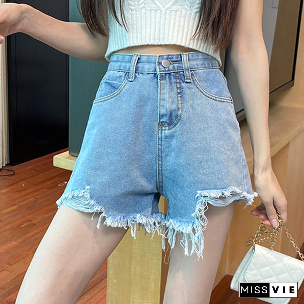 Spring Summer Tassel Blue Denim Shorts Women Pocket Ladies Jeans Shorts Loose Casual Shorts Korean Fashion Street Wear New