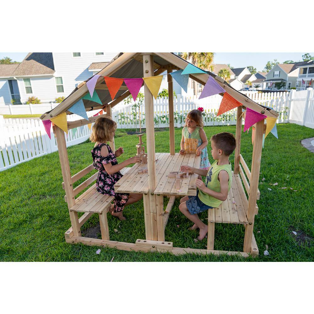 Funphix Kids Klubhouse Outdoor Indoor Wooden Playhouse DIY Backyard Playhouse with Table and Benches WPHX-2203