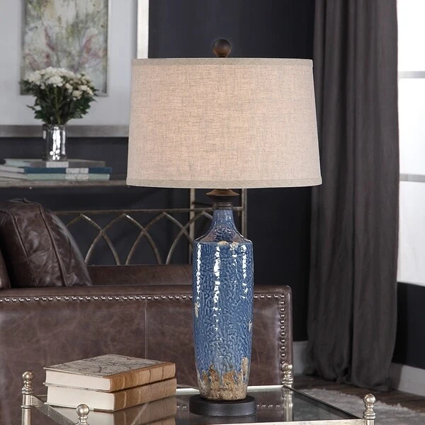 Copper Grove Bajze Blue Textured Ceramic Table Lamp with Distressing