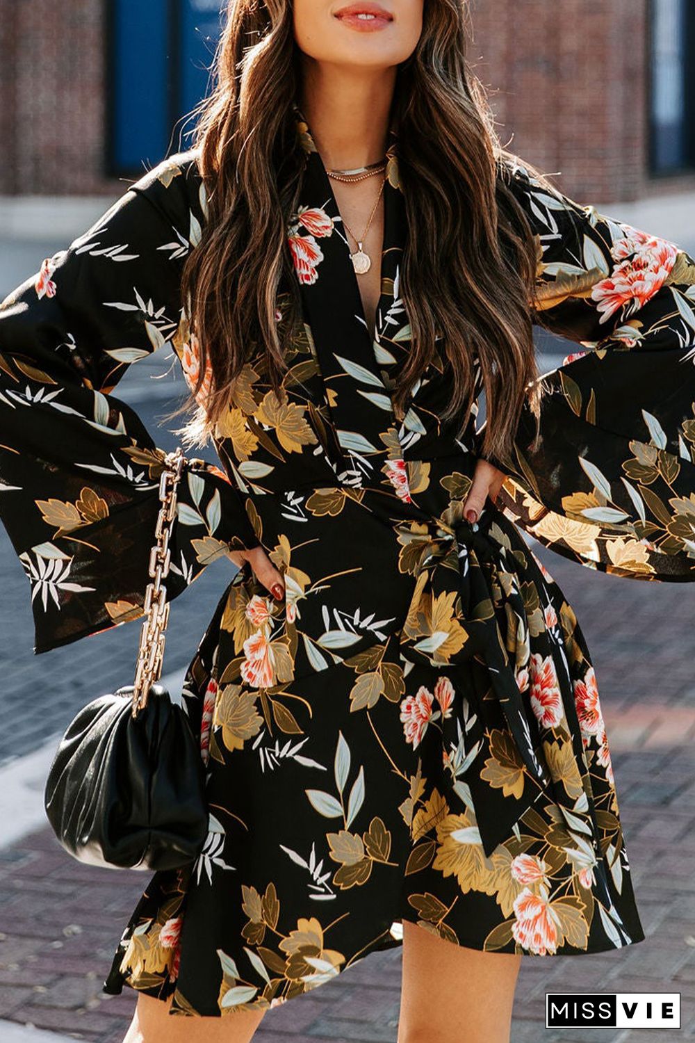 Black Palazzo Floral Ruffle Wrap Dress