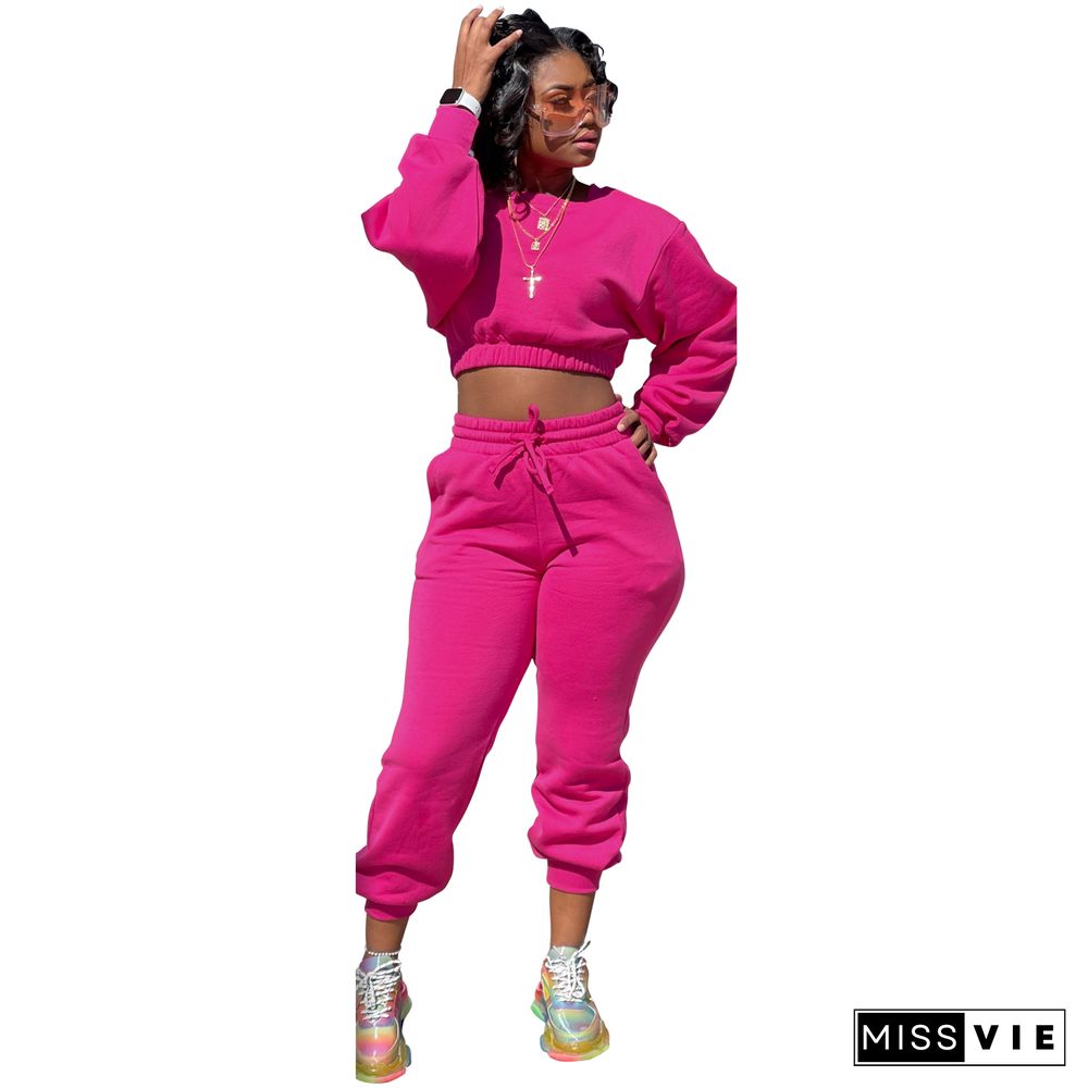 Thicken Long Sleeve Crop Top Sweatpants Set