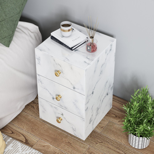 Glass Nightstand  Marble Nightstand with 3 Drawers...