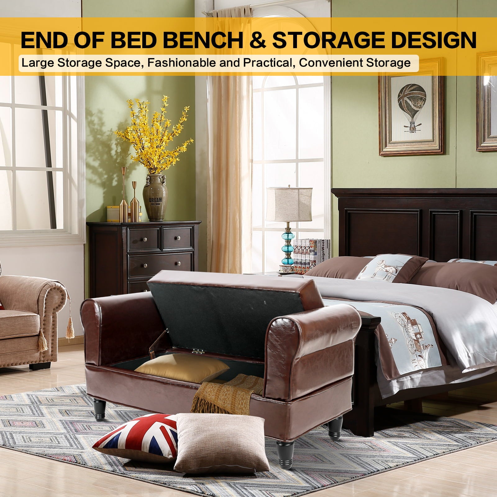 Babion Storage Bench , For Bedroom End of Bed Brown Rolled Armed PU Leather Ottoman Toy Storage Sofa , with 2 Ottoman Footstool