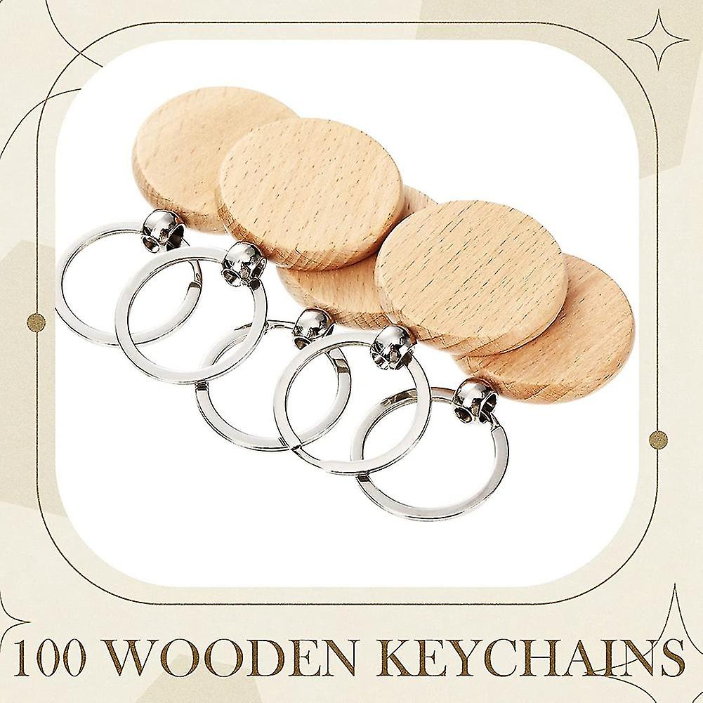 100pieces Wooden Blanks Bulk Round Wood Engraving Blanks Unfinished Wooden Key Ring Key Tag B