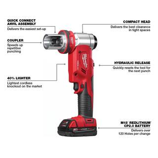 MW M18 18V Lithium-Ion 12 in. to 4 in. Force Logic 6-Ton Cordless Knockout Tool Kit with Die Set One 2.0Ah Batteries 2677-23