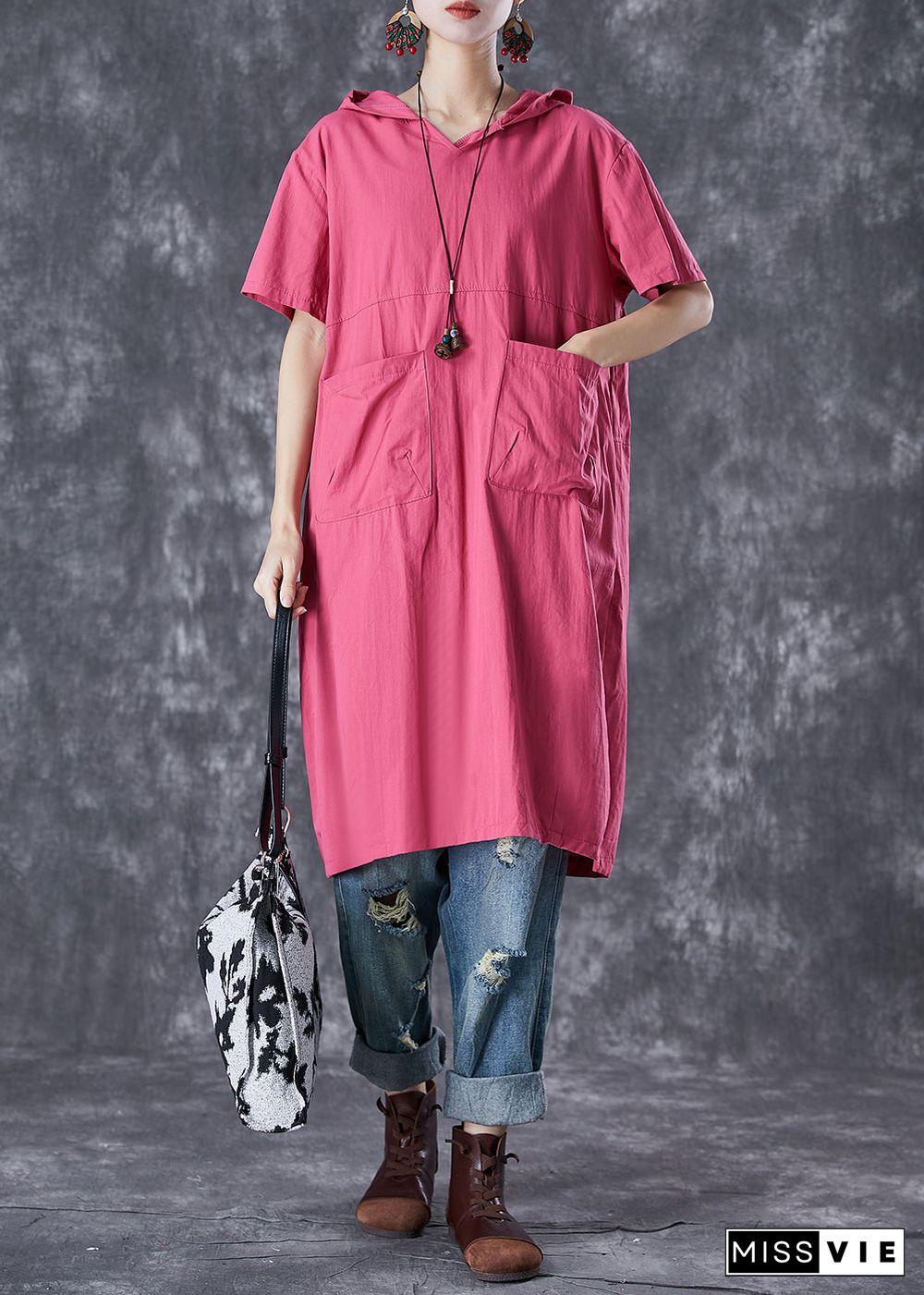 French Rose Hooded Pockets Cotton Sweatshirts Dress Summer