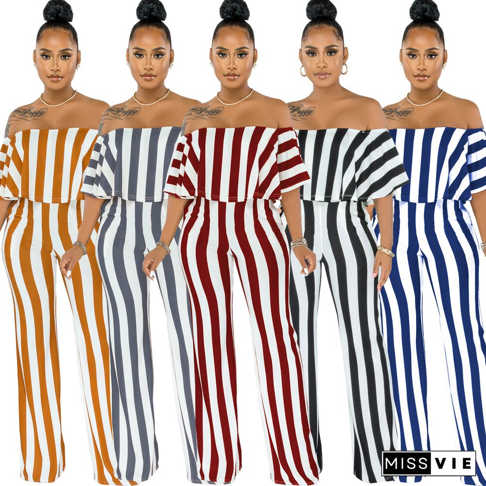 Striped Off Shoulder Wide Leg Jumpsuits