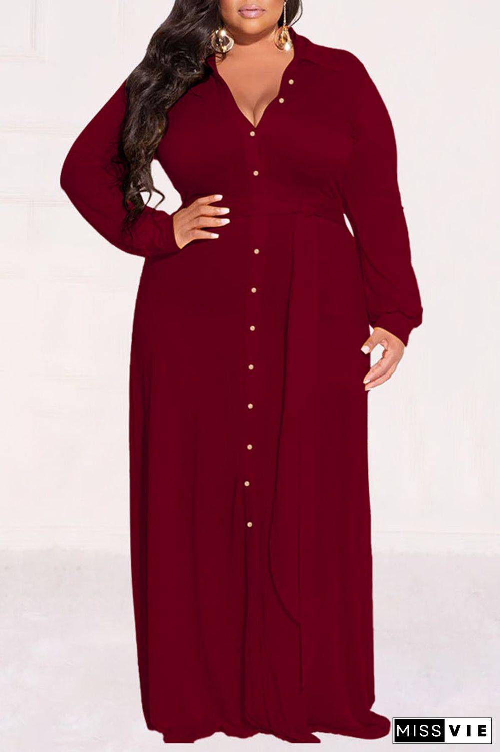 Rose Red Casual Street Solid Patchwork Buckle Turndown Collar Shirt Dress Plus Size Dresses