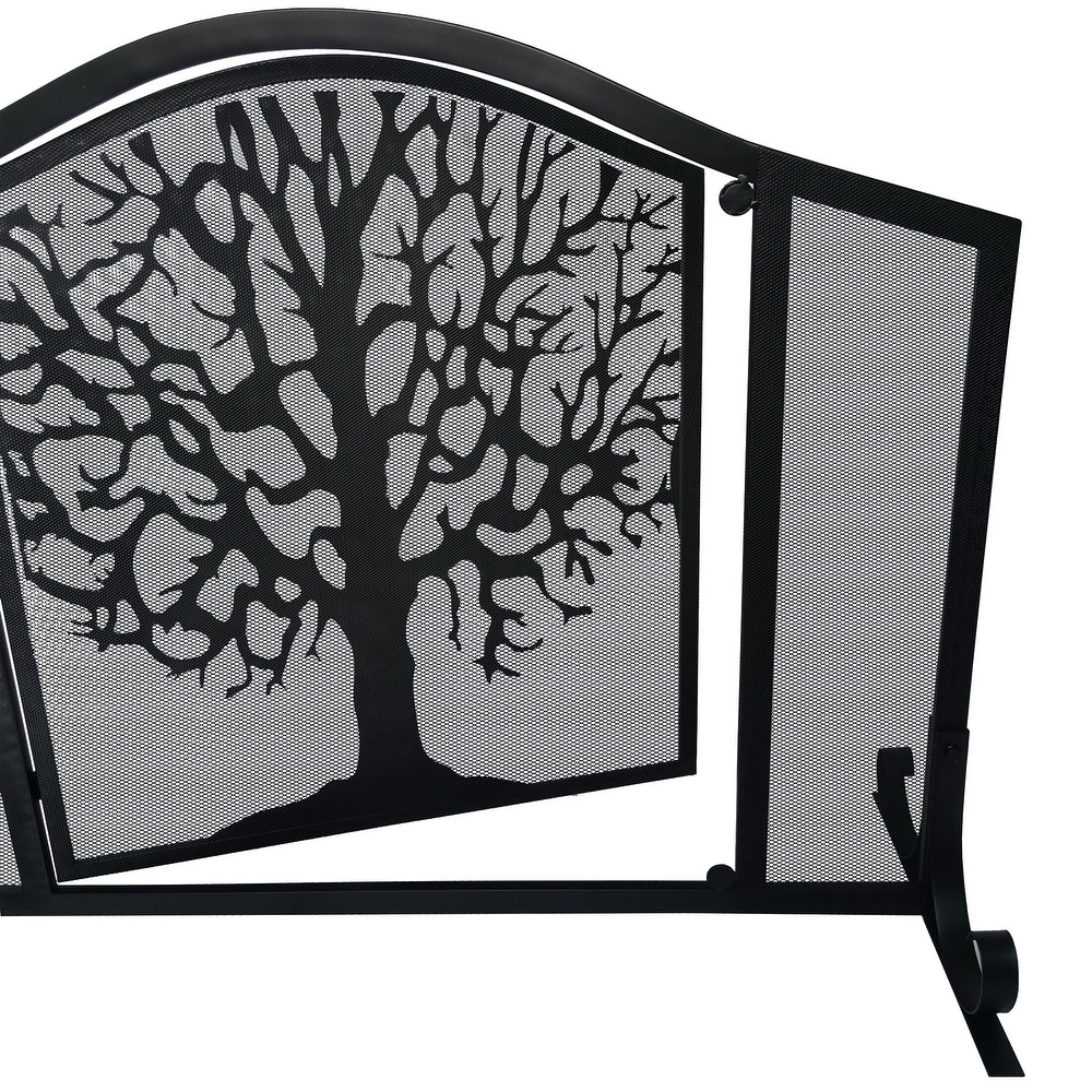 43 Inches 3 Panel Iron Fireplace Screen  Mesh Design  Arched Top  Tree of Life Art  Black