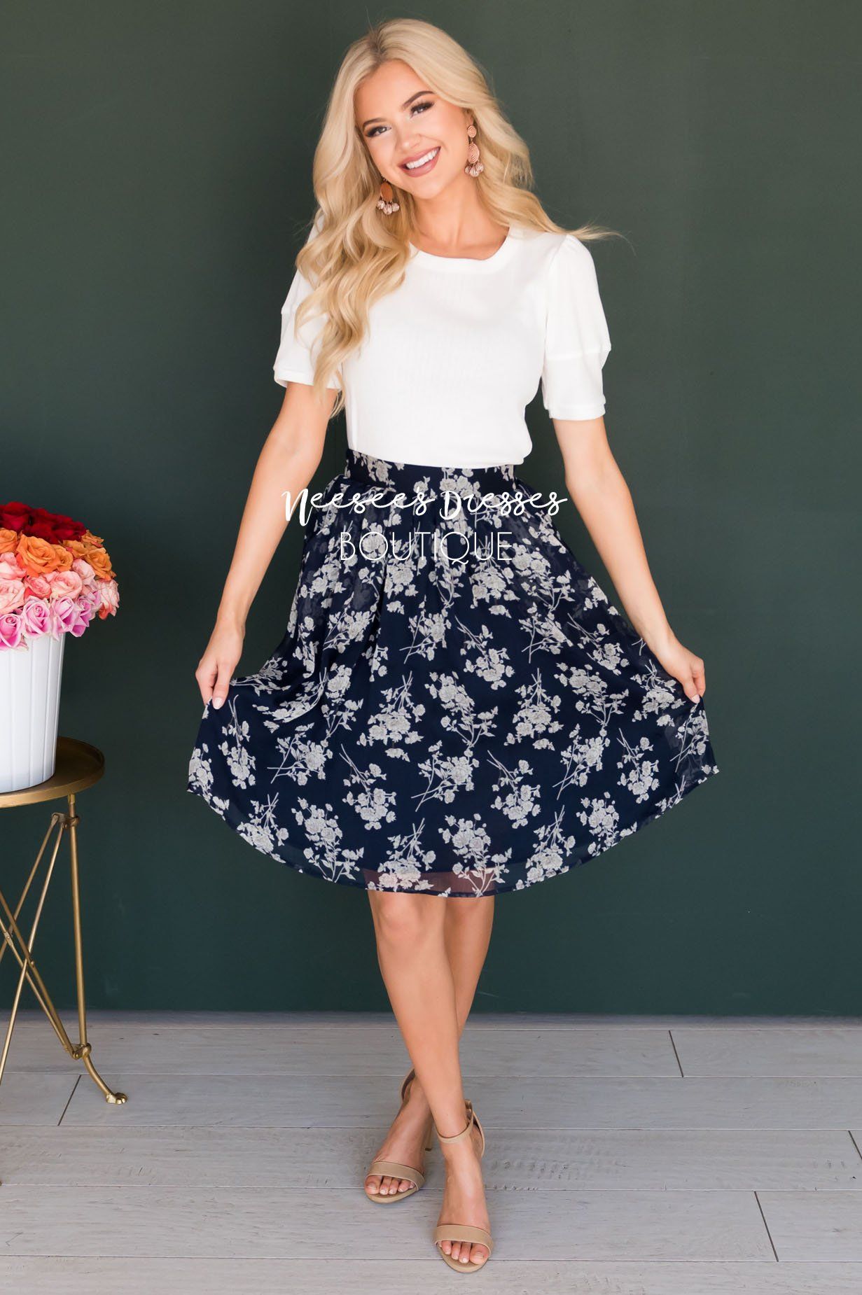 Navy & Cream Floral Chiffon Skirt