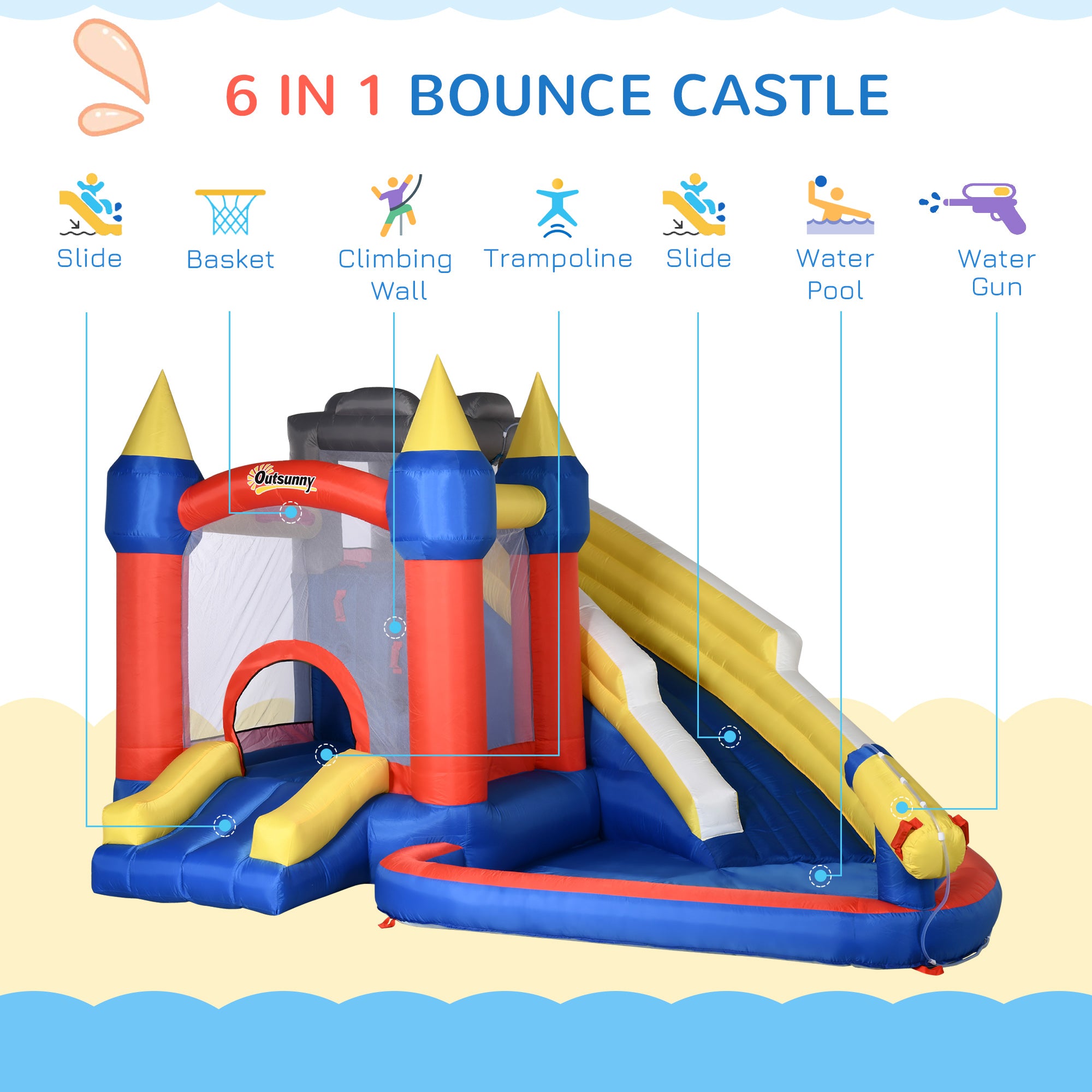 Outsunny 6-in-1 Inflatable Water Slide, Kids Castle Bounce House with Slide, Trampoline, Basket Hoop, Pool, Cannon, Climbing Wall Includes Carry Bag, Repair Patches, Basketball, 680W Air Blower