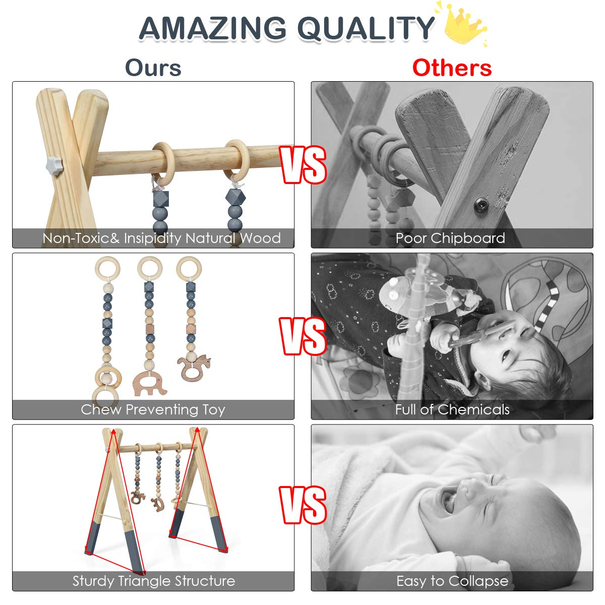 BABY JOY Portable Wooden Baby Gym, Foldable Baby Play Gym Frame with 3 Wooden Baby Teething Toys