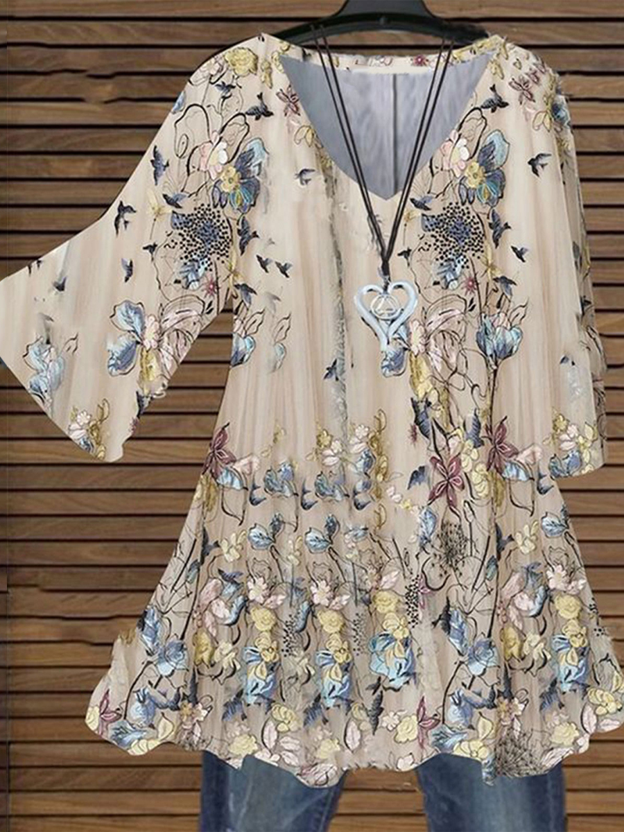 Casual Floral Print V-Neck Half-Sleeve Blouse