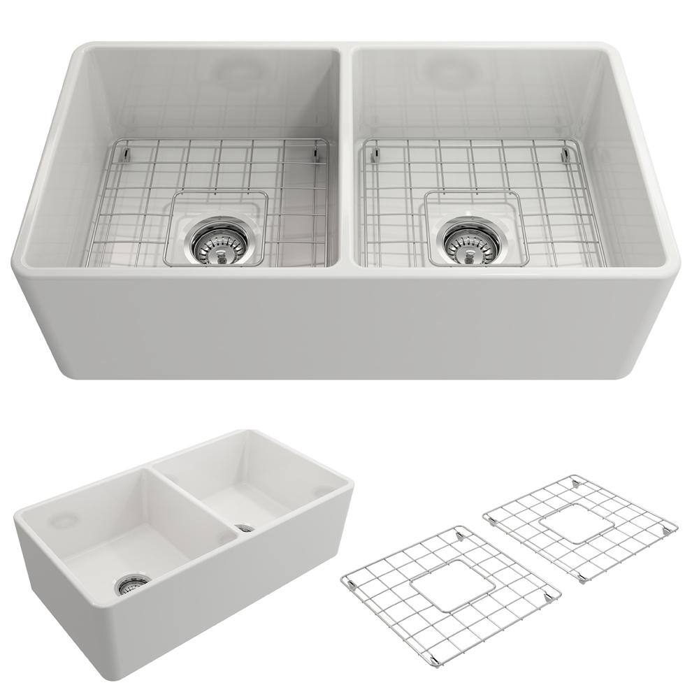 BOCCHI Classico Farmhouse Apron Front Fireclay 33 in. Double Bowl Kitchen Sink with Bottom Grid and Strainer in White 1139-001-0120