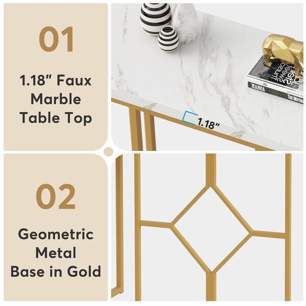 43 inches Modern Gold Console Table， White Faux Marble Entryway Table Foyer Table