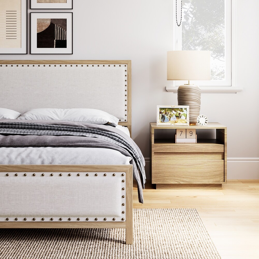 Upholstered Platform Bed with Linen Headboard and Footboard