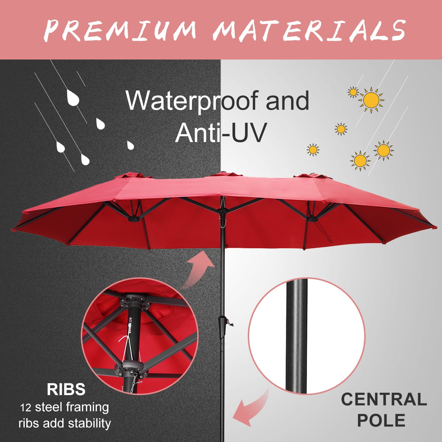 Wesfital 15ft Large Rectangle Umbrellas Double-Sided Outdoor Market Umbrella with UV Sun Protection & Easy Crank for Backyard, Poolside, Lawn and Garden, Red