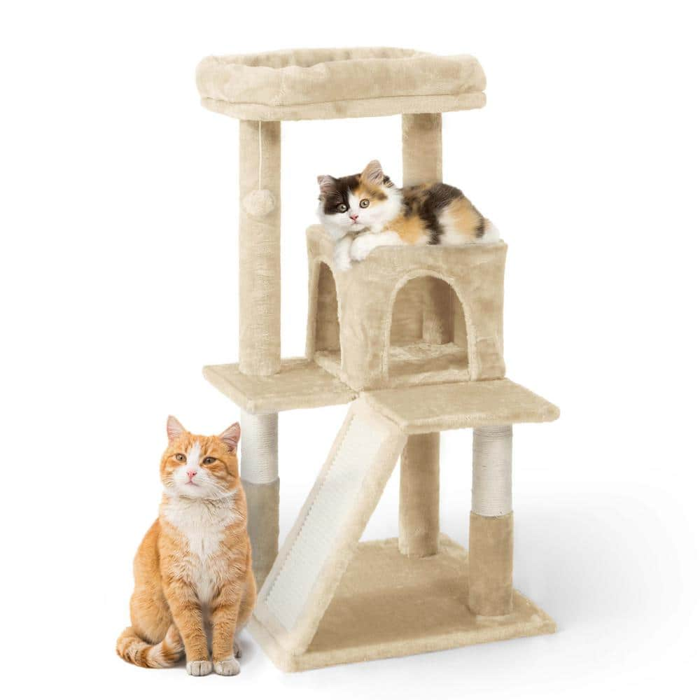 CAPHAUS 37 in. Beige Cat Tower for Indoor Cats, Modern Cute 37 in. Small Cat Tree with Widened Perch PHFC-BH381901-BG