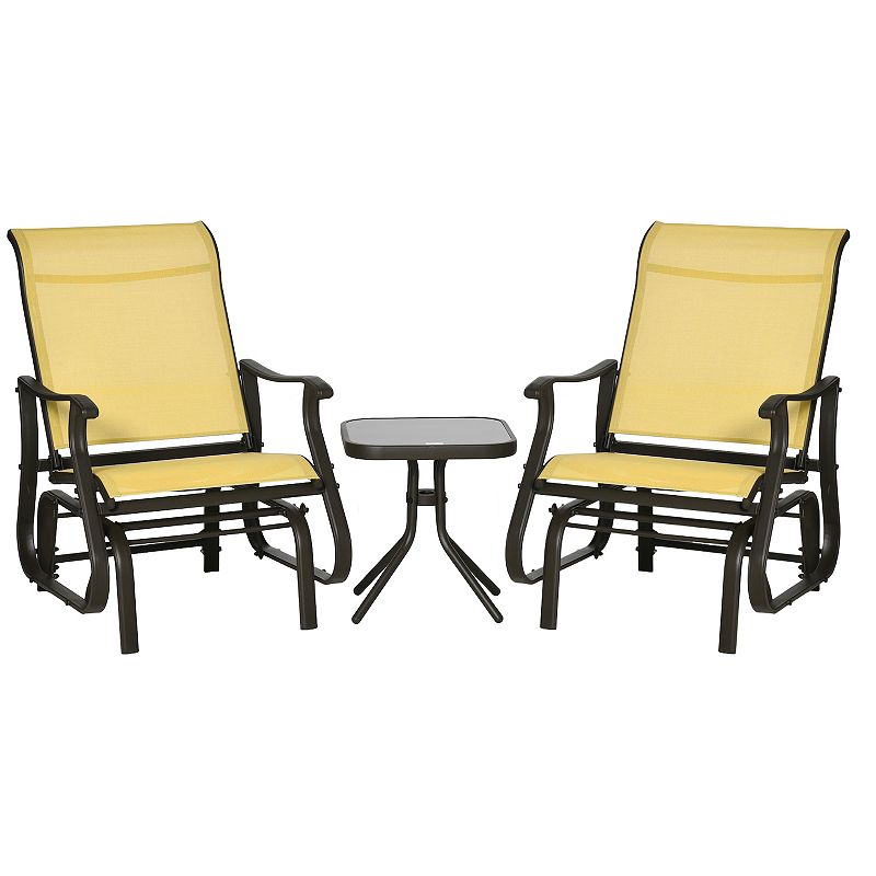 Outsunny 3-Piece Outdoor Gliders Set Bistro Set with Steel Frame， Tempered Glass Top Table for Patio， Garden， Backyard， Lawn， Beige