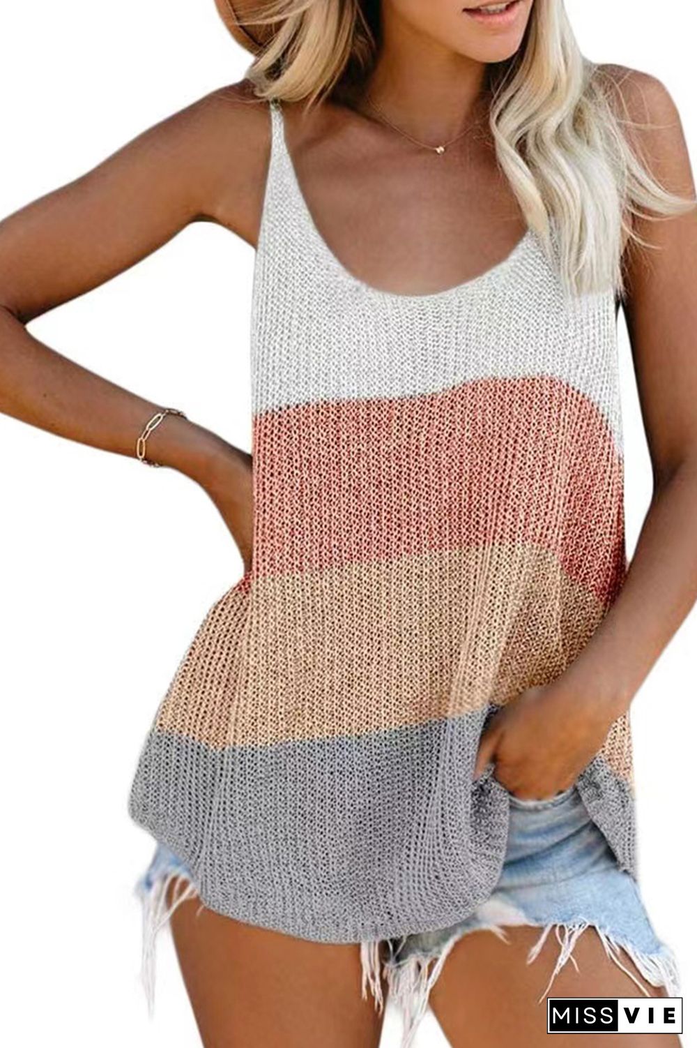 Color Block and Plain U Neck Knit Tank Top