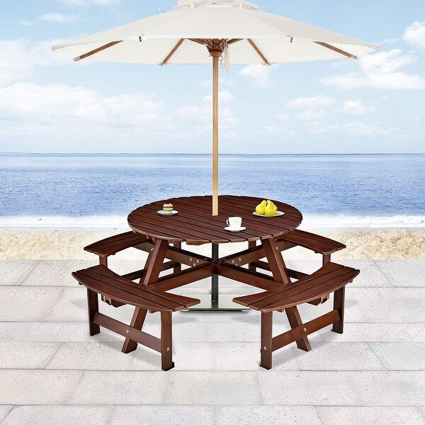 Outdoor round wooden picnic set with umbrella hole (6 persons/8 persons)