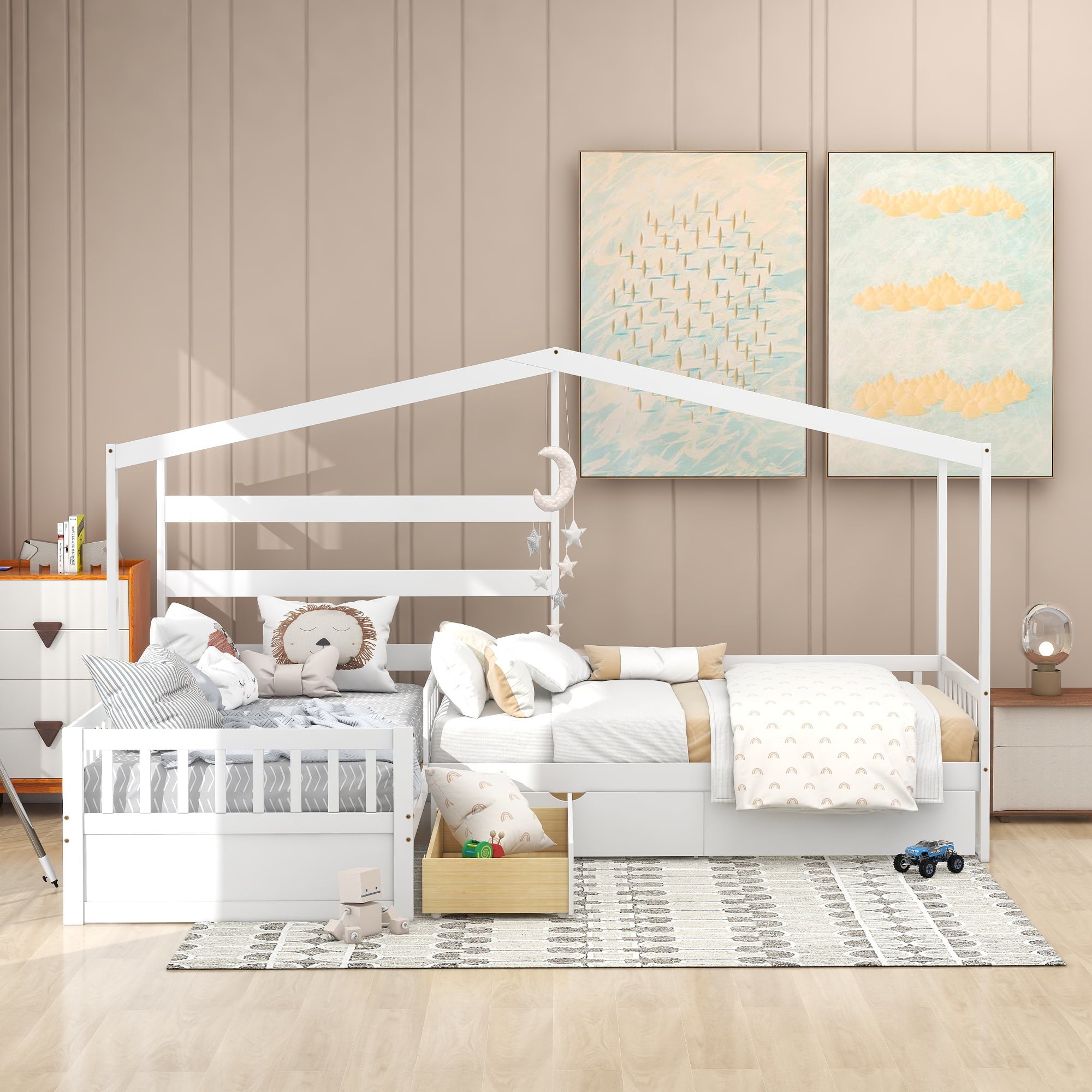 Wood Twin Double House Bed with Three Drawers for Kids, White