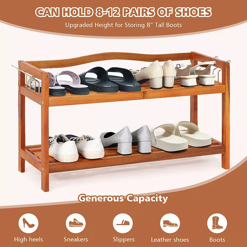 2-Tier Acacia Wood Shoe Rack with 4 Side Metal Hooks