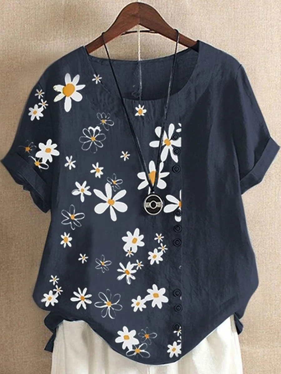 Casual Cotton Marguerite Flower Printed Short-Sleeved Blouse