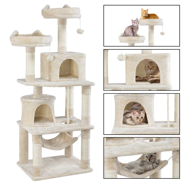 SMILE MART 62.2" Double Condo Cat Tree and Scratching Post Tower, Beige