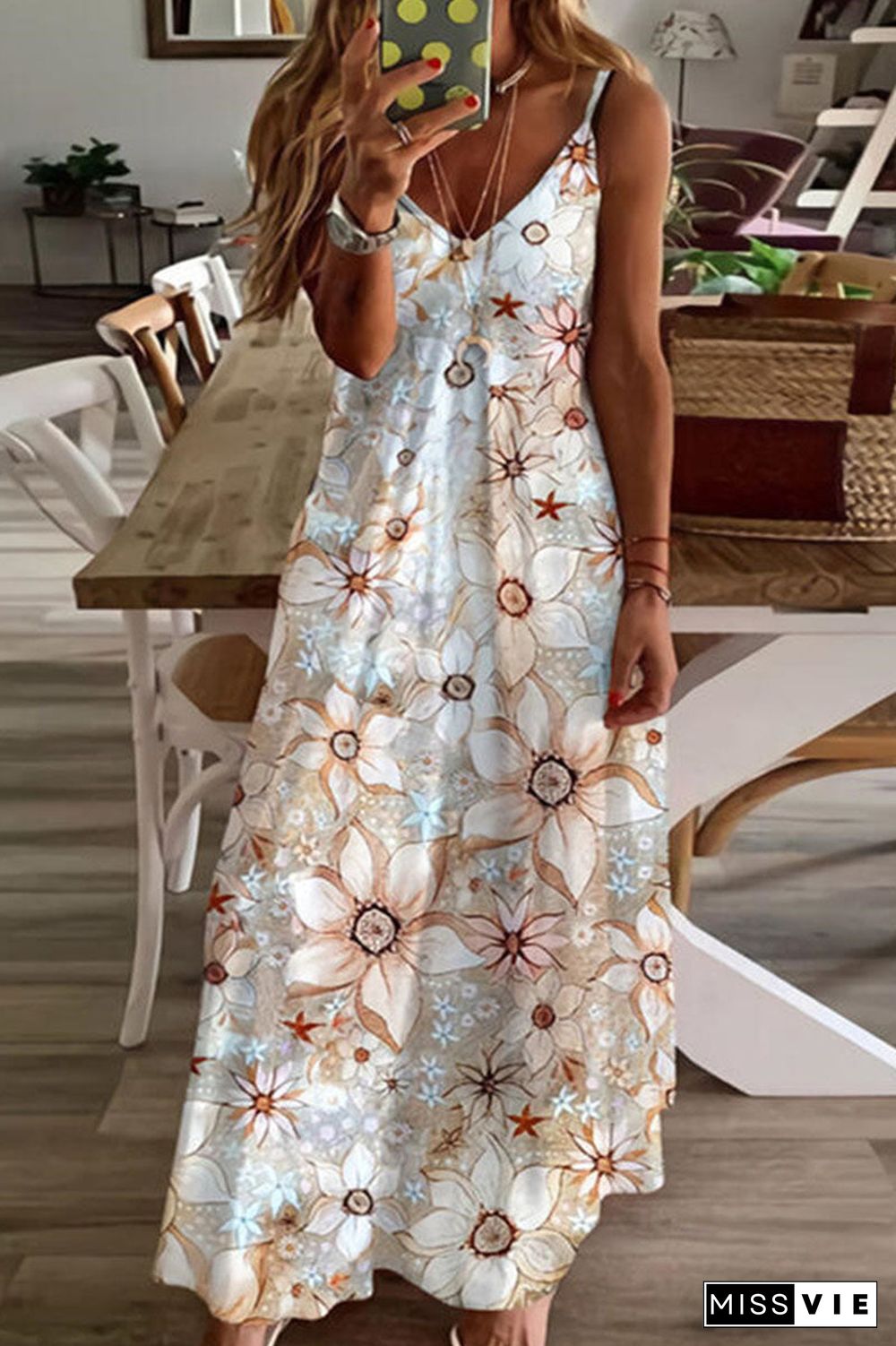 Fashion Sweet Print Split Joint V Neck Princess Dresses