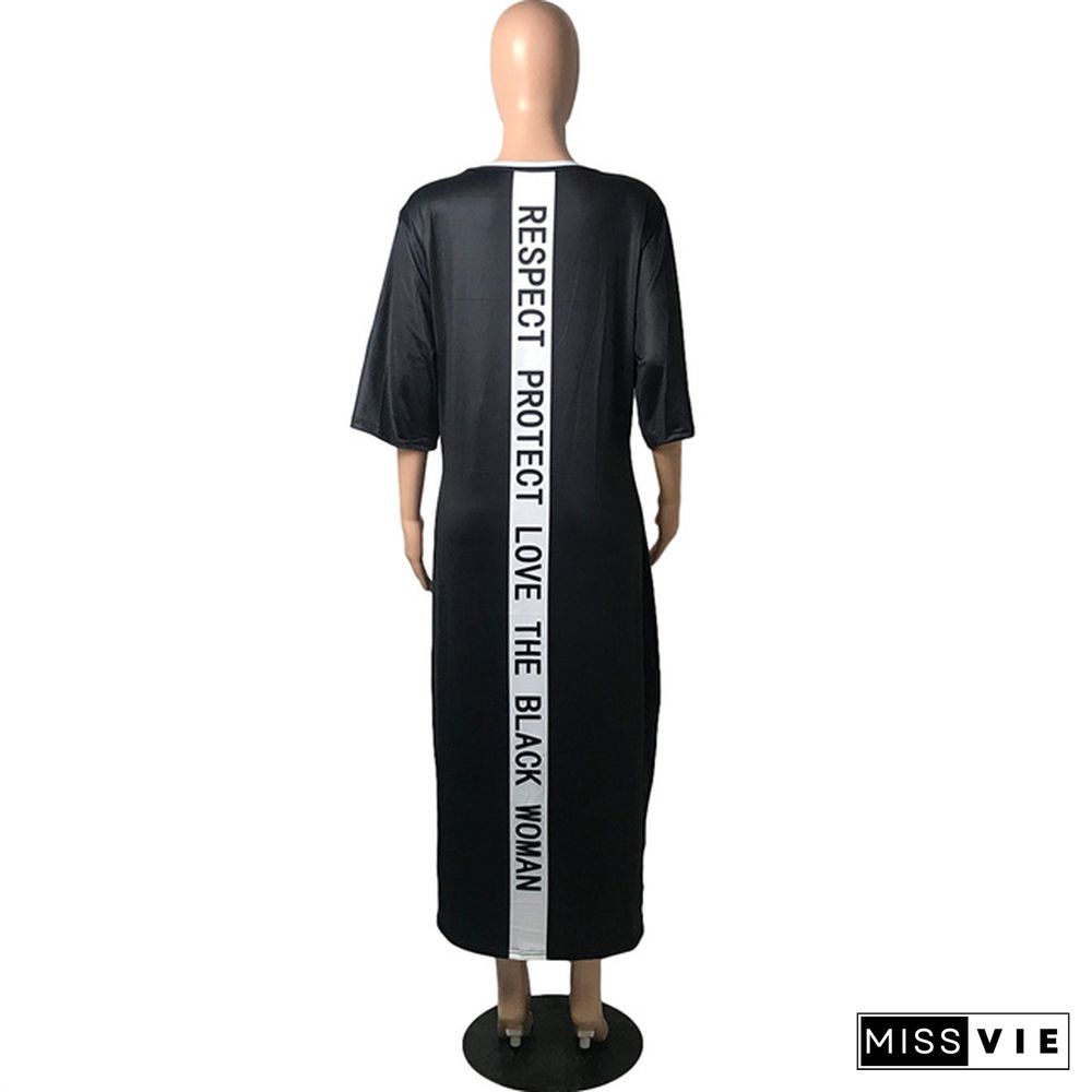 Plus Size Women Casual Pattern Print Half Sleeve Round Neck Streetwear Loose Tee Shirt Maxi Long Dress