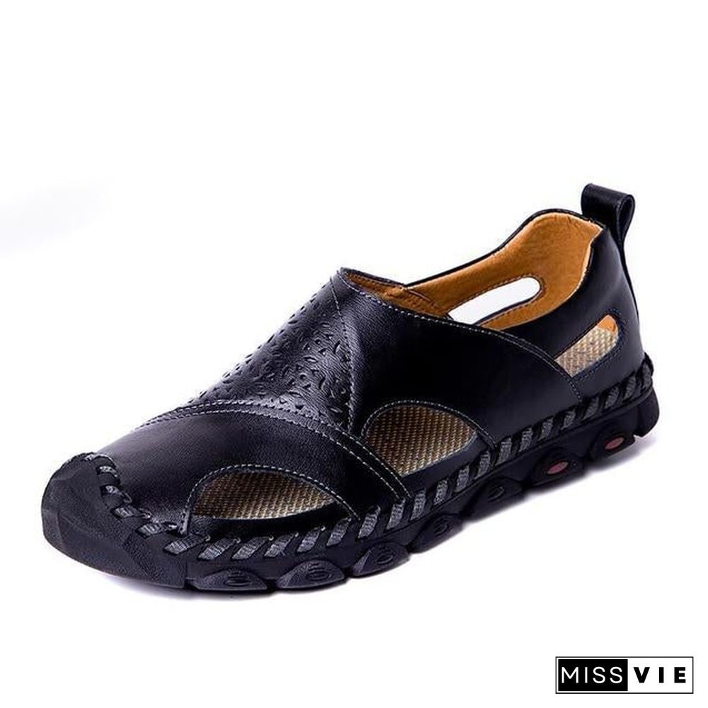 Men Breathable Genuine Leather Sandals Plus Size Casual Beach Flats Shoes