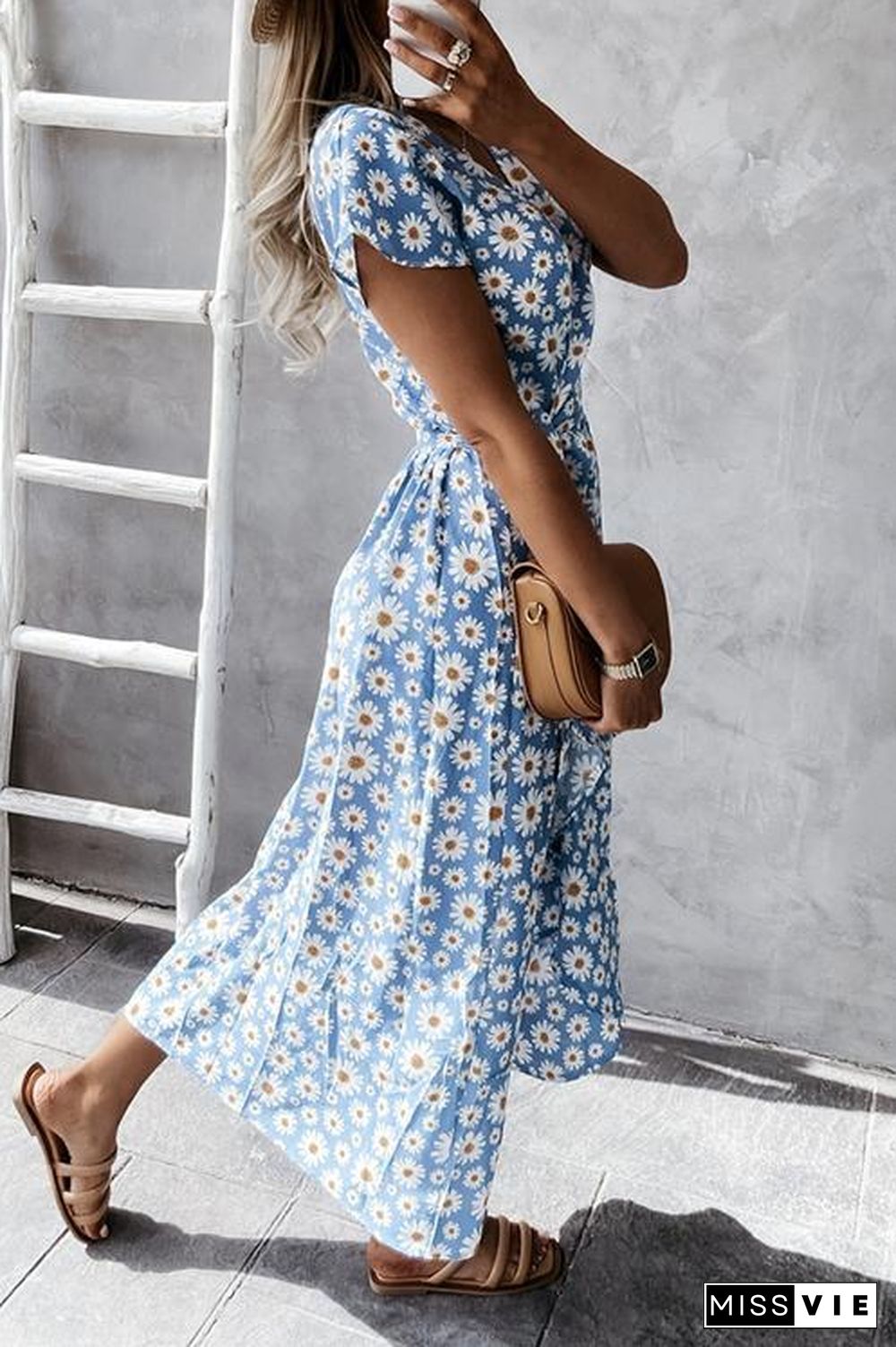 V-Neck Daisy Print Holiday Dress