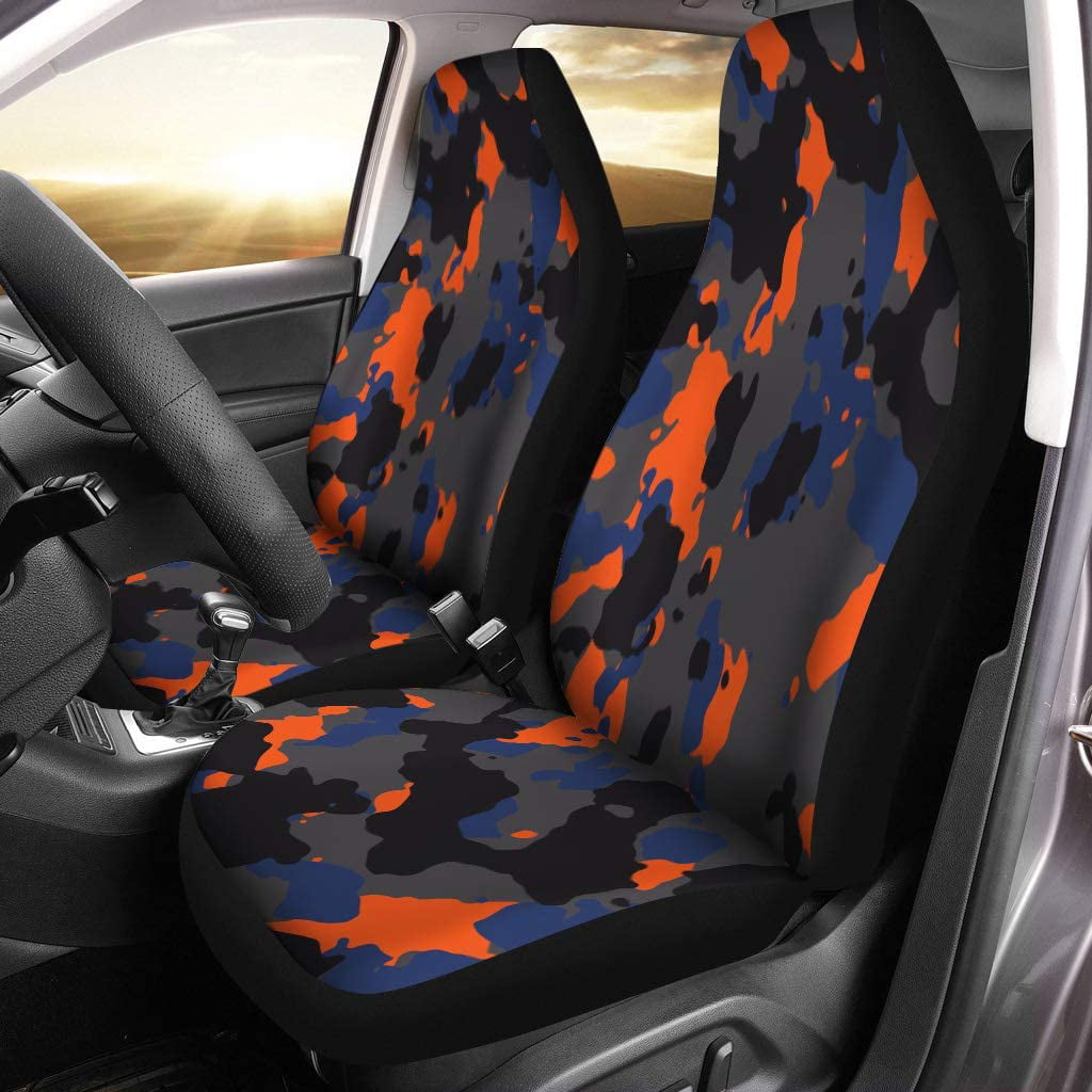 KXMDXA Set of 2 Car Seat Covers Camo Gray Black Blue and Orange Camouflage Pattern Abstract Universal Auto Front Seats Protector Fits for Car，SUV Sedan，Truck