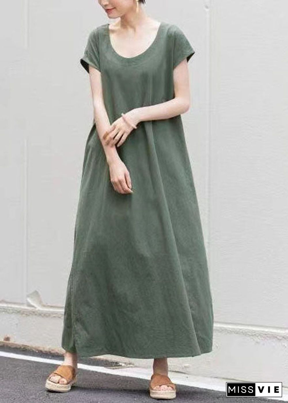 Fashion Green O Neck Patchwork Cotton Dress Short Sleeve