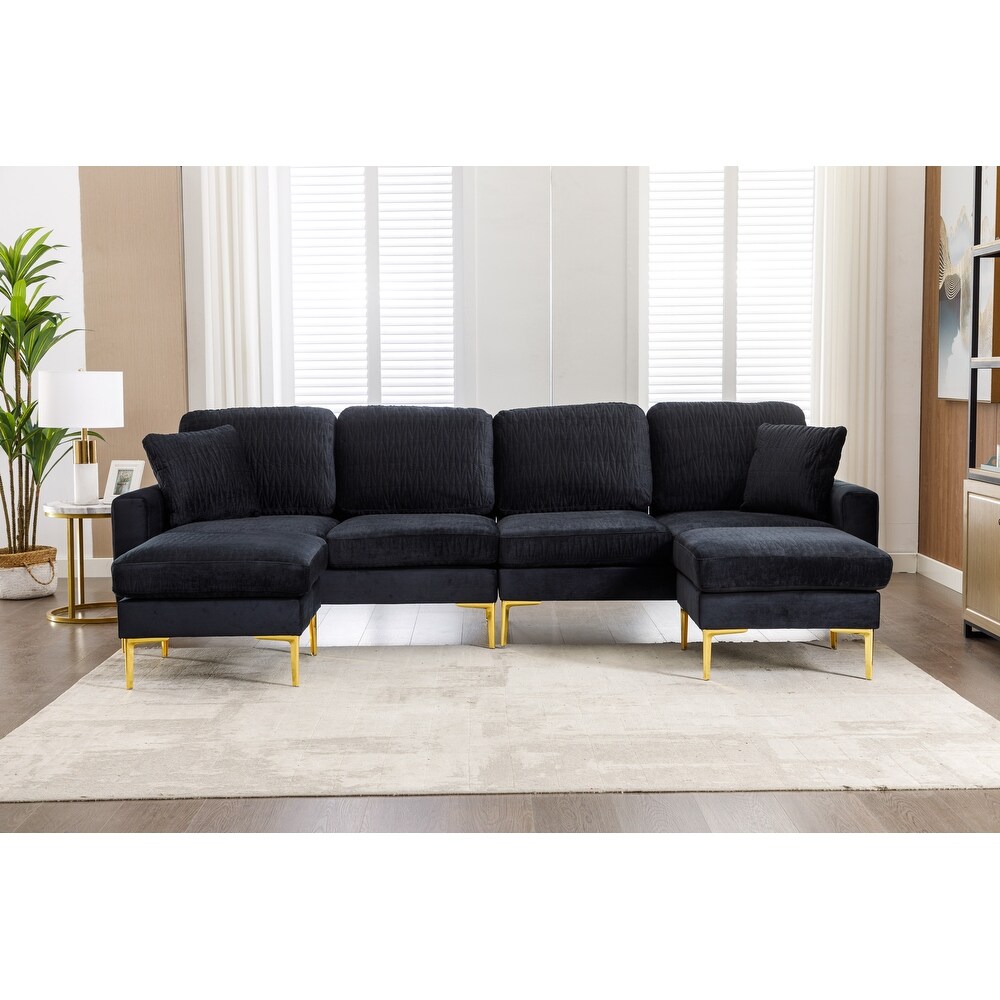 Black Velvet Modular Reversible Sectional Sofa Set w/ 2 Ottomans