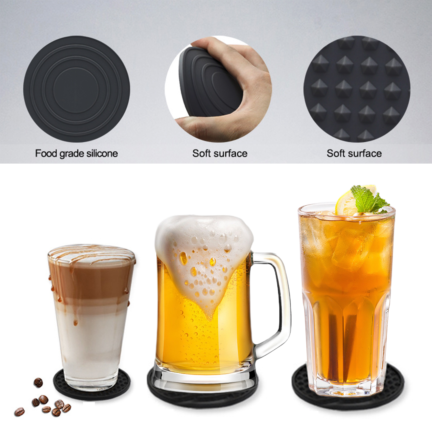 6Pcs Drink Coasters， Coaster with Holder Set， Silicone Coasters Ideal for Hot or Cold Drinks， Washable， Heat Resistant (Black)