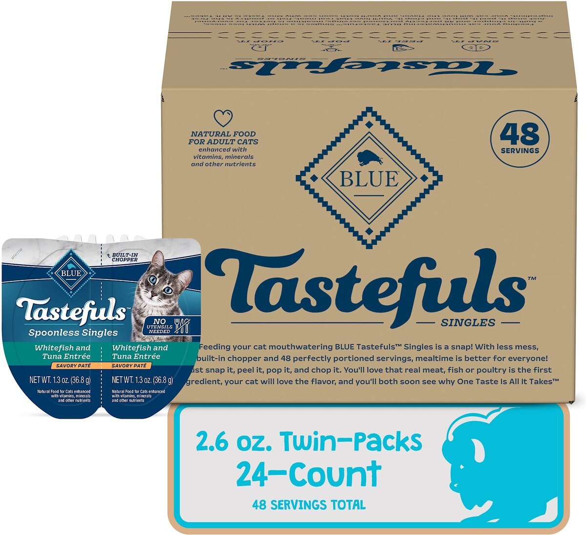 Blue Buffalo Tastefuls Spoonless Singles White Fish and Tuna Entr?e Pate Adult Cat Food， 2.6-oz cup， case of 24