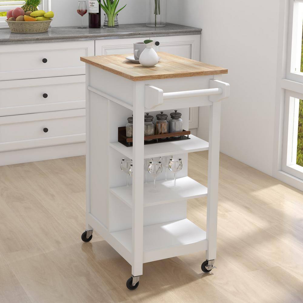 Tileon White Kitchen Island Cart with Rolling Wheel  Wood Table Top  Towel Rack Kitchen Trolley with Ample Storage Space AYBSZHD140