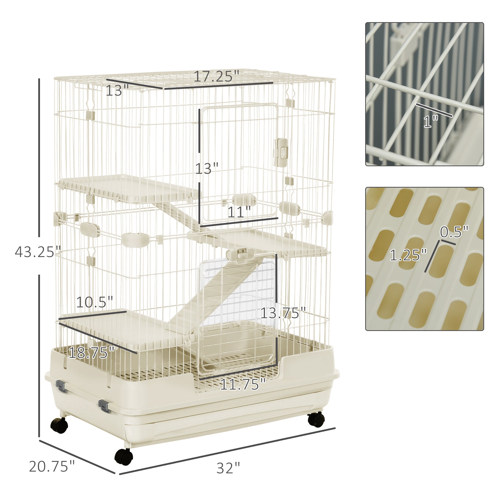 Pawhut L 4-Level Indoor Small Animal Cage Rabbit Hutch Multi Activity Exercise Centre with Universal Wheels Brakes Slide-out Tray - White